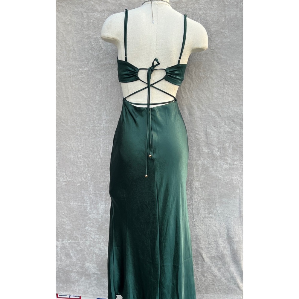 Here Comes The Sun Emerald Green Satin Midi Slip Dress Size S Cutout Cocktail - Picture 8 of 16
